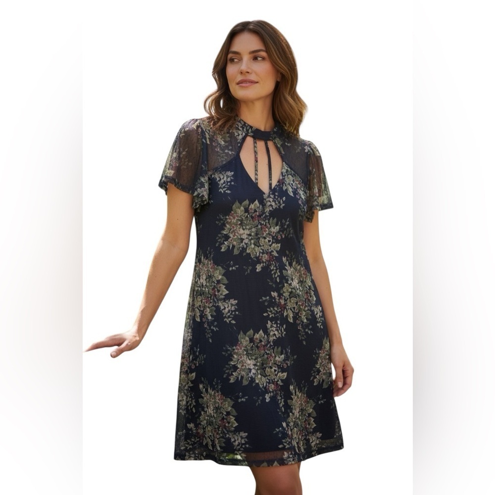 Blue Rain Floral Chiffon Dress Small Navy Cutout Neck Short Sleeve